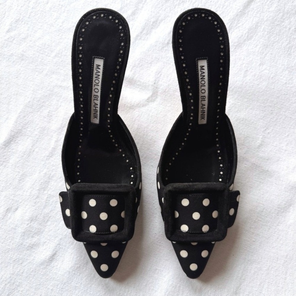 Manolo Blahnik Maysale Mules 35 Black White Polka Dot Quiet Luxury Old Money